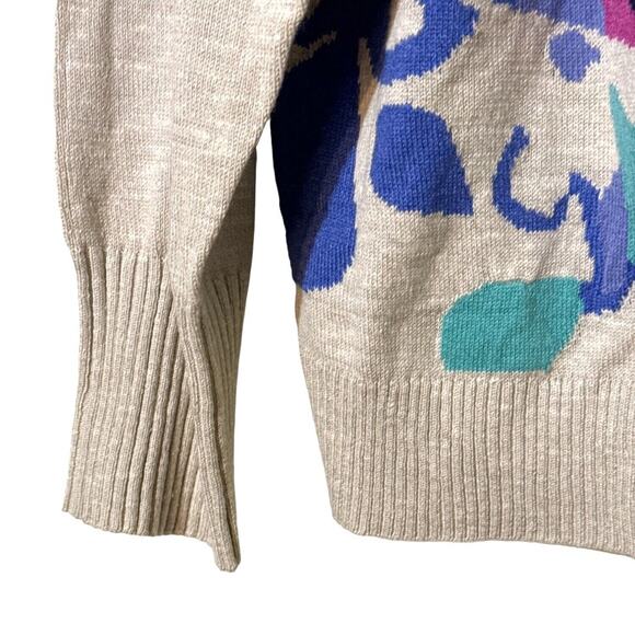 NIC + ZOE 2X Floral Intarsia Sweater Beige V-Neck Cotton Blend Pullover NWT - Picture 4 of 9